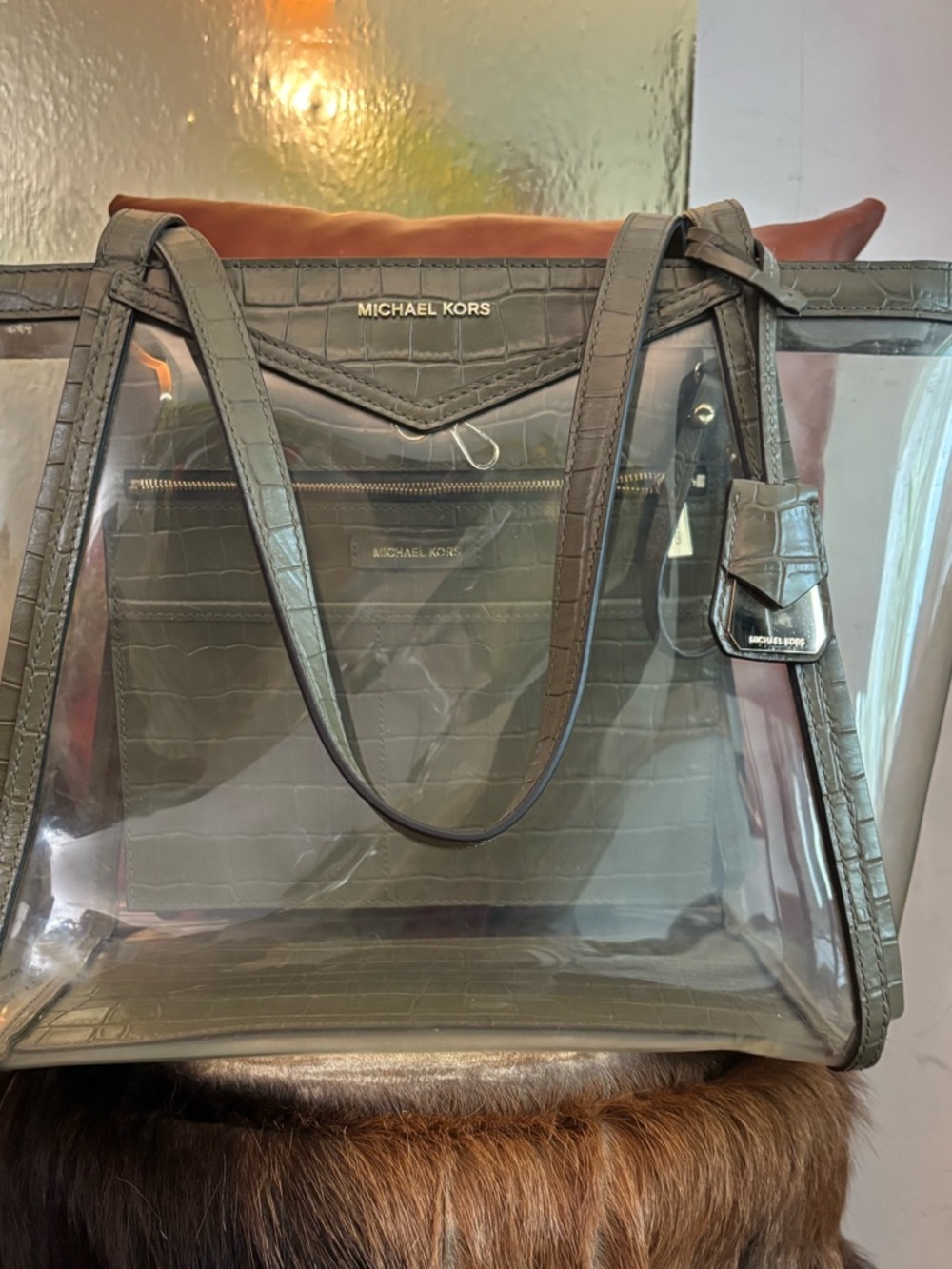 Michael Kors Clear Tote with Olive Croc-Embossed Trim and Inner Pouch